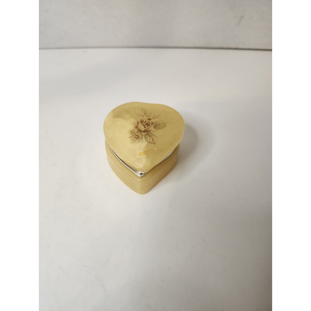 Genuine Alabaster Heart Shaped Floral Trinket Jewelry Hand Carved Italy